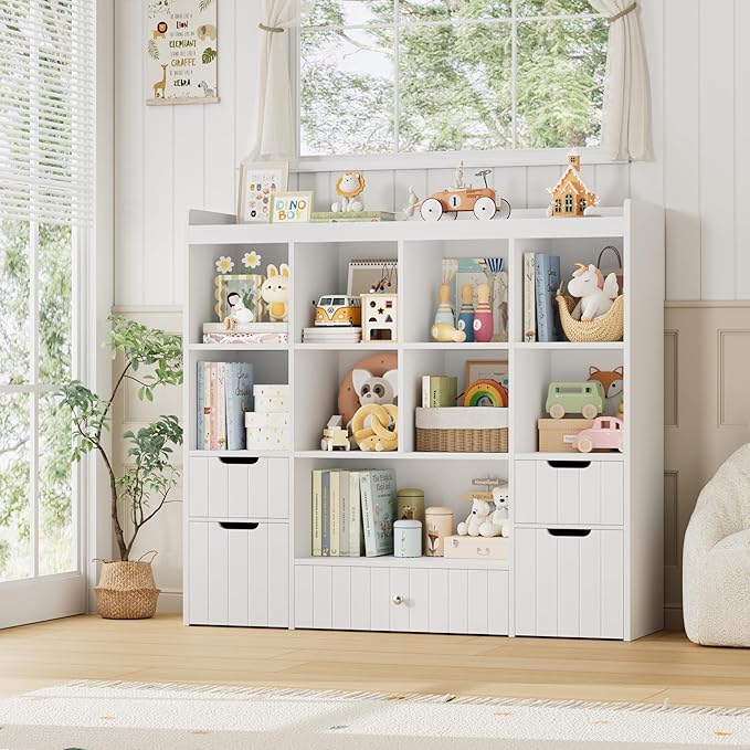 HITHOS 48" W Toy Storage Organizer, Large Kids Bookshelf with Rolling Toy Chest, Toy Organizer with Storage Bins, Book Shelf for Kids Room, Playroom Toy Box with 9 Open Cubbies for Boys/Girls, White