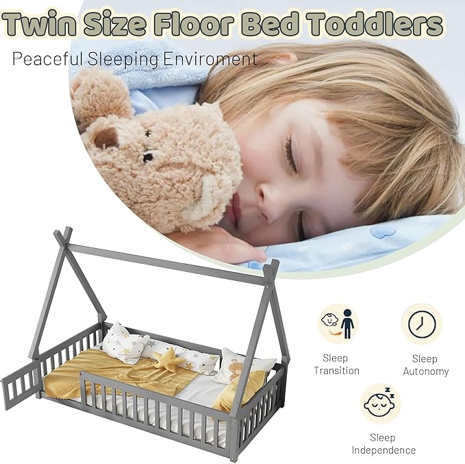 Twin House Bed Frame with Fence Rails and Door,Wood Montessori Floor Bed with Slats Support,Teepee Tent Beds Kids Bed Frames for Girls Boys, Grey