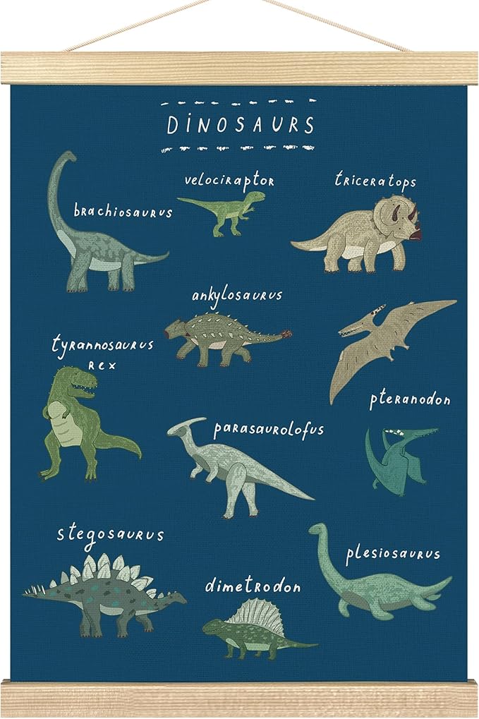 BCUANGD Dinosaur Dino Wall Decor - Dark Blue Baby Toddler Boys Room Wall Art Poster Hanger with Wood Frames, Inspirational Wall Hanging Canvas Decor for Kids Room Nursery Bedroom, 12x16 Inches