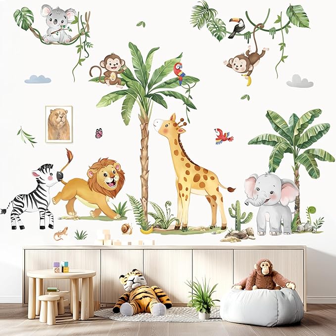decalmile Large Jungle Animals Tropical Tree Wall Decals Safari Animals Giraffe Elephant Lion Wall Stickers Living Room Baby Nursery Kids Room Wall Decor(XL)