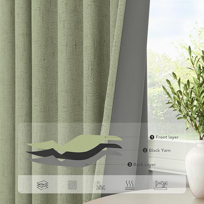 Sage Green Boho Blackout Curtains for Bedroom Window 84 Inch Length 2 Panels Set Linen Textured Thermal Insulated Dark Out Room Darkening Light Sage Curtain Drapes for Living Room 52x84 Long Christmas