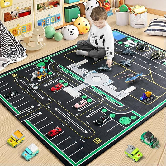 Kids Rug, Airport Rug & Play Mat, 4x6 Ft Road Carpet for Kids with Combined City Traffic & Airport Runway, Non-Slip Playmat for Playroom, Classroom, and Bedroom