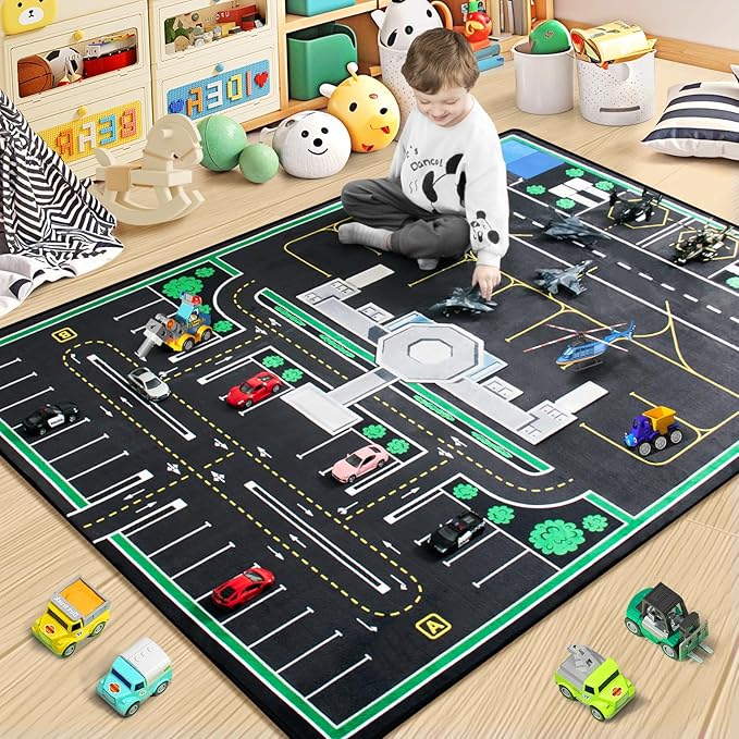 Kids Rug, Airport Rug & Play Mat, 6x9 Ft Road Carpet for Kids with Combined City Traffic & Airport Runway, Non-Slip Playmat for Playroom, Classroom, and Bedroom
