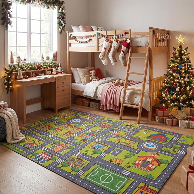 Merelax 4x6 Kids Car Area Rug, Grey Green Area Road Rugs for Living Room Playroom Classroom Bedroom, Non Slip Kids Play mat, Washable Rug, Educational City Traffic Map Fun Car Carpet for Ages 3-12