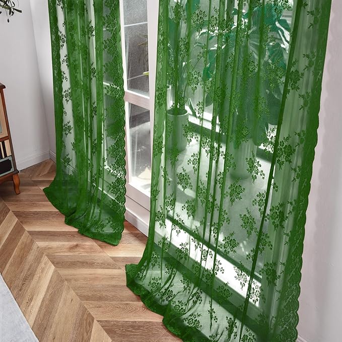 Kotile Hunter Green Sheer Curtains 80 Inches Long 2 Panels Country Rustic Floral Dark Olive Green Lace Curtains for Moody Dark Academia Room, Rod Pocket Privacy Emerald Sheer Drapes, Each 52 x 80 Inch