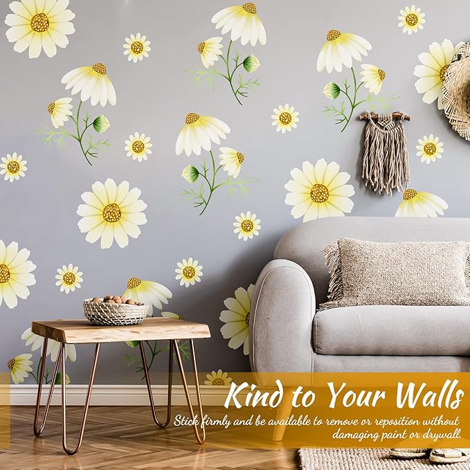 Daisy Flowers Wall Decals Peel and Stick, Vinyl Watercolor Yellow Daisy Floral Wall Stickers Removable, Retro Wall Decor for Nursery Baby Toddler Room Kids Girls Bedroom Playroom