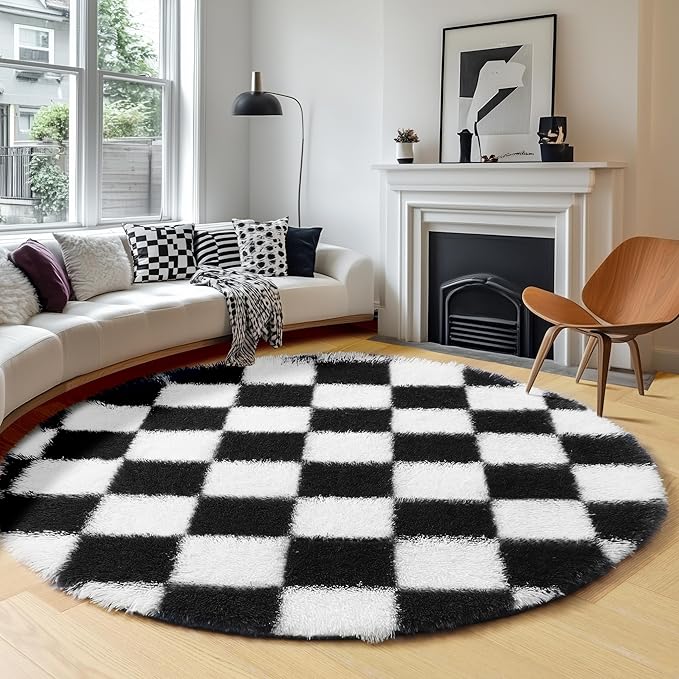 KICMOR Round Rugs 7ft Black and White Circle Area Rug, Fluffy Soft Large Fuzzy Shag Shaggy Bedroom Living Room Carpet, Indoor Checkered Circular Rug for Kids Boys Girls Home Decor Aesthetic, Nursery