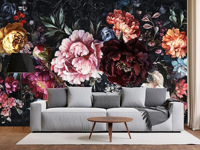 Dark Floral Wallpaper Mural Large Peony Flowers Wall Murals for Bedroom（Not Peel and Stick）