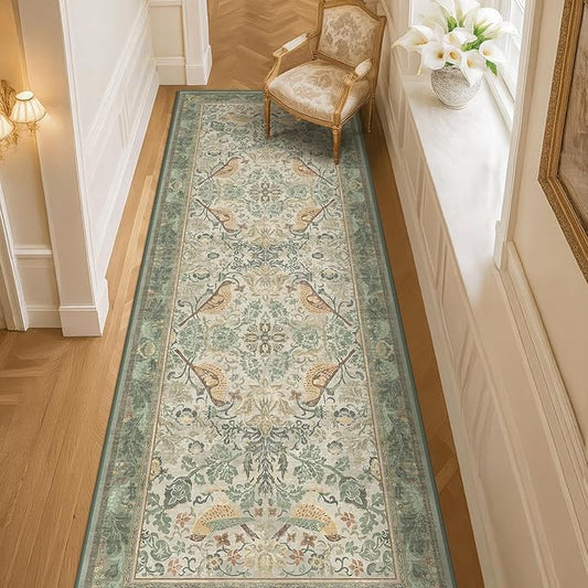 2'6"x8' Long Hallway Runner Rug - Vintage Botanical Wide Runners for Kitchen Bedroom Hall Way, Washable Non Slip with Rubber Backing, Light Green Sage Floral Décor