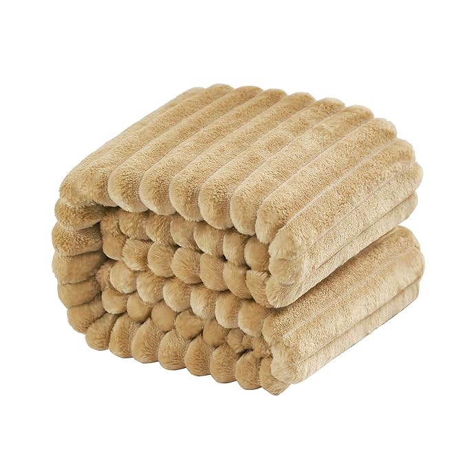 NTBAY Plush Flannel Oversized Baby Blanket, 50X60 Inches Soft and Warm Toddler Blanket with Striped Texture Nursery Bed Blanket for Stroller, Crib, Travel, Baby Gift, 50"x60", Khaki