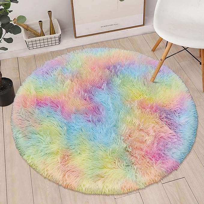 Rainbow Fluffy Round Area Rugs 3Ft Kids Rugs for Girls Bedroom, Soft Unicorn Rug Small Round Carpet Plush Shaggy Circle Rug Pink for Girls Room Nursery Baby Playroom Unicorn Home Decor