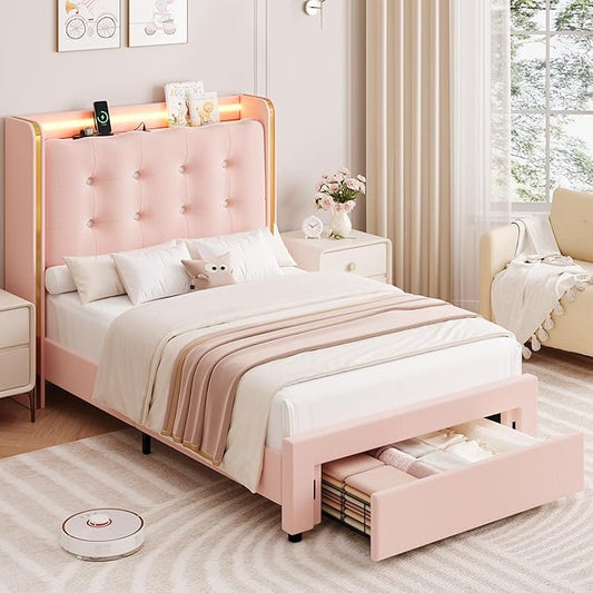 HITHOS Upholstered Twin Led Bed Frame with Charging Station and Storage Drawer, Velvet Princess Platform Bed Frames with Crystal-Button Tufted Headboard for Girls | Kids, No Box Spring Need, Pink