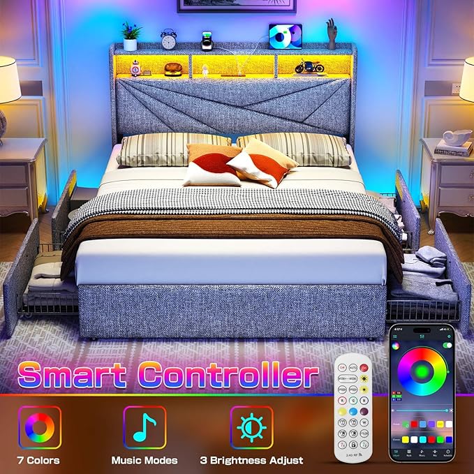 LED King Size Bed Frame with 4 Storage Drawers, Upholstered King Bed Frame with 2-Tier Headboard and Charging Station, No Box Spring Needed, Easy to Assembly - Light Grey