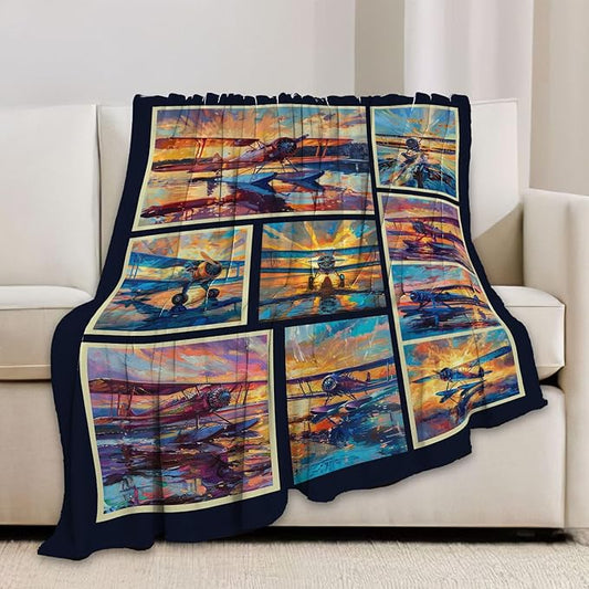 Airplane Blanket Aircraft Plane Throw Blanket Flannel Stuff Merch Cozy Decor Fleece Plush Fuzzy Warm Soft Lightweight Bedding Gifts for Pilots Women Men Girl Boy Couch 80"X60"