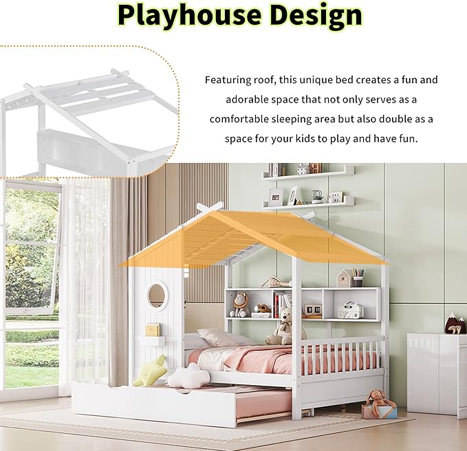 Linique Wooden Full Size House Bed with Trundle and Storage Shelf,Modern Design Full Platform Bed Frame with Pitched Roof,White