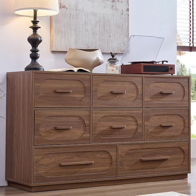 Walnut 8 Drawer Dresser for Bedroom, 54" Wide Dressers & Chests of Drawers w/Solid Wood Handle, Mid Century Dresser TV Stand w/Natural Texture for Bedroom, Living Room