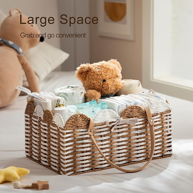 HBlife Large Baby Diaper Caddy, Paper Rope Storage Baskets Nursery Bin with Removable Divider, Portable Car Organizer for Diapers, Baby Shower Gifts, Newborn Essentials Must Haves