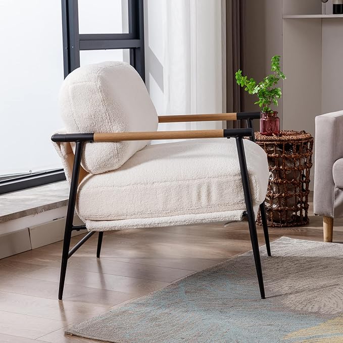 DUOMAY Mid-Century Modern Accent Chair, Comfy Sherpa Sofa Lounge Chair Reading Corner Chair for Living Room Bedroom Office, Mid-Back Arm Chair with Black Metal Leg, White