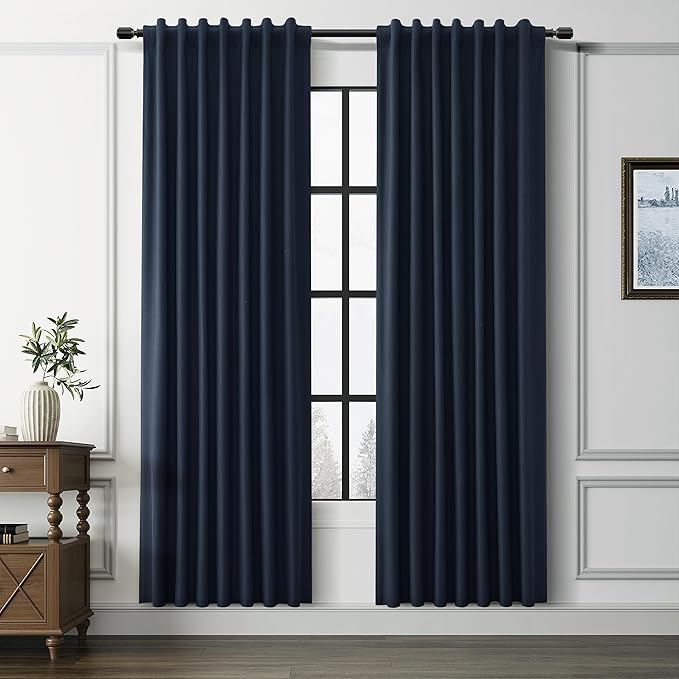 Guken Navy Blue 100% Room Darkening Linen Curtains for Living Room Bedroom 80 Inches Long Textured Elegant Back Tab 100% Blackout Thermal Insulated Soundproof 2 Panel Sets Dark Blue 52x80