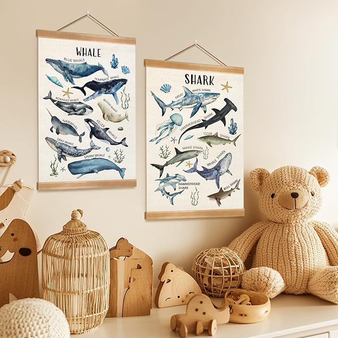ZTGDA Sharks and Whales Posters, Sea Animals Shark Posters Wall Art,Marine Sharks Decor,Ocean Educational Poster for Kid Classroom Decorations Kids Room Home Nursery Playroom, Set of 2 (Shark-1)