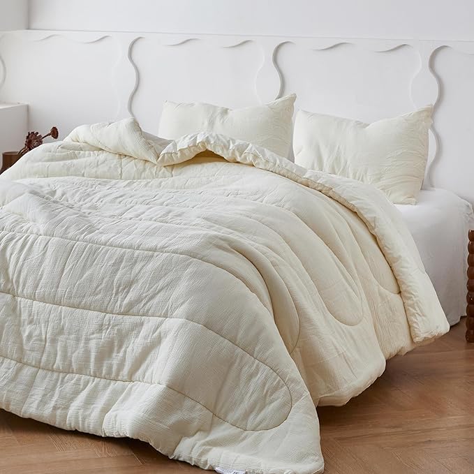 Simple&Opulence 100% Cotton Muslin Comforter Set King Size, 3PCS Washed Cotton Gauze Comforter, Soft Lightweight All Seasons Bedding Sets(Cream,King)