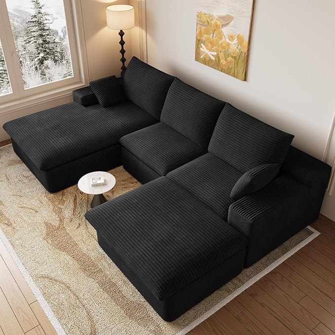 107" Cloud Modular Sectional Sofa with 1 Ottoman, Modern Upholstered Corduroy Couches, Comfort U Shaped Sofa for Living Room, Deep Seat Boneless Couch, No Assembly Required(Black,Left Facing Chaise)