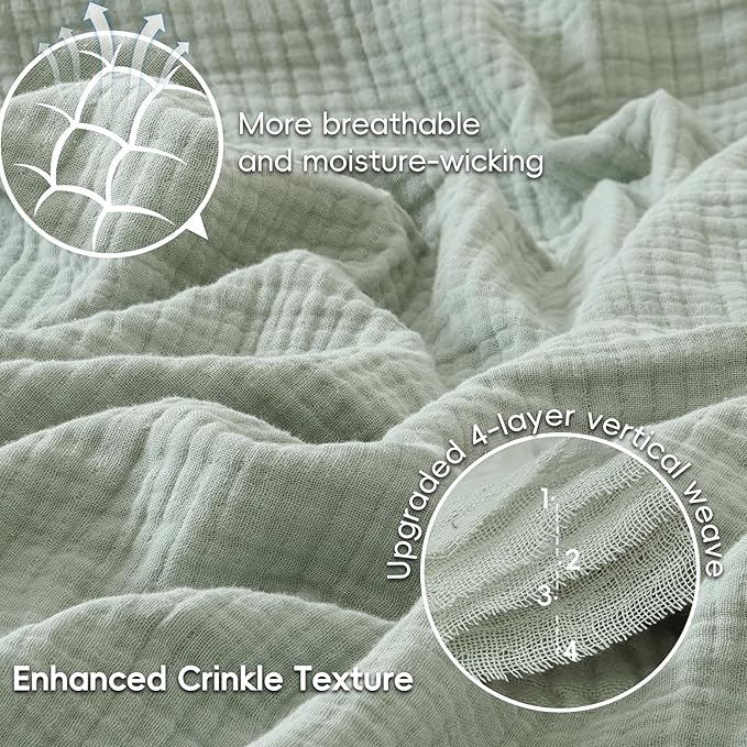 PHF 100% Cotton Muslin Blanket Twin XL Size 66"x90", 4-Layer Lightweight Gauze Throw, Breathable Cloud-Soft Minimalist Blanket for Bed, Couch, Camping & Baby, Sage Green, Ideal Gift