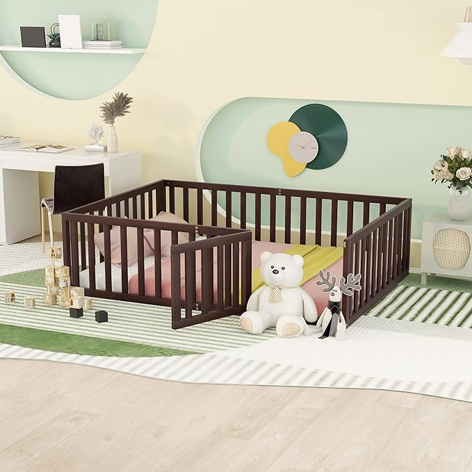 Merax Full Floor Bed with Safety Guardrails and Door, Wood Montessori Floor Bed Frame for Kids, Full Playhouse Bed Frame for Baby Girls and Boys, Walnut