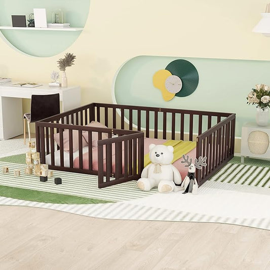 Merax Full Floor Bed with Safety Guardrails and Door, Wood Montessori Floor Bed Frame for Kids, Full Playhouse Bed Frame for Baby Girls and Boys, Walnut