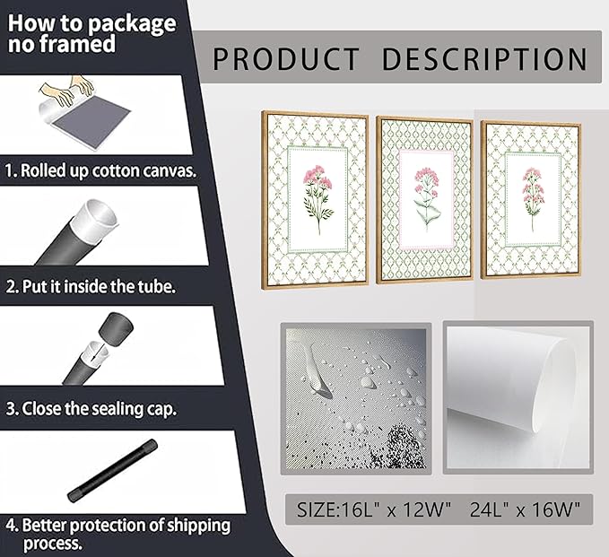 3Pcs Pink Green Floral Wall Art Wildflower Baby Room Painting Picture Wall Decor Pastel Botanical Poster Print Artwork for Bedroom Living Room Girls Bedroom Nursery Dining Room Home Decoration