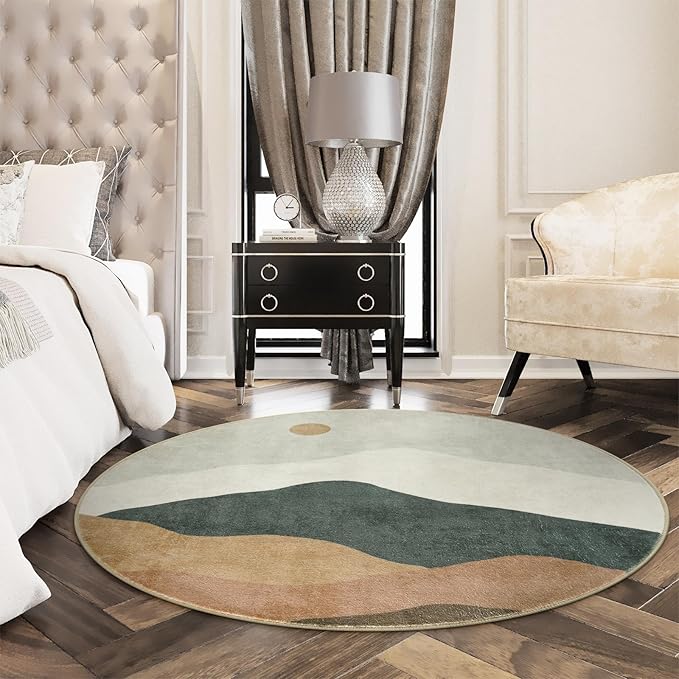 5ft Abstract Round Rug,Chic Washable Non-Slip Sun and Mountain Area Circle Rug,Soft Low-Pile Circle Throw Rugs for Living Room Sofa Kids Room Decor(Grey)