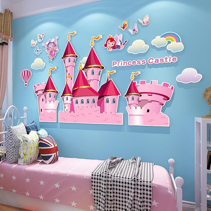 3D Castle Wall Stickers for Girls Room Decor Wall Decals Peel and Stick for Girls Bedroom Large Pink Princess Pictures Kids Murals Wallpaper Art Inspirational Decor for Nursery Toddler