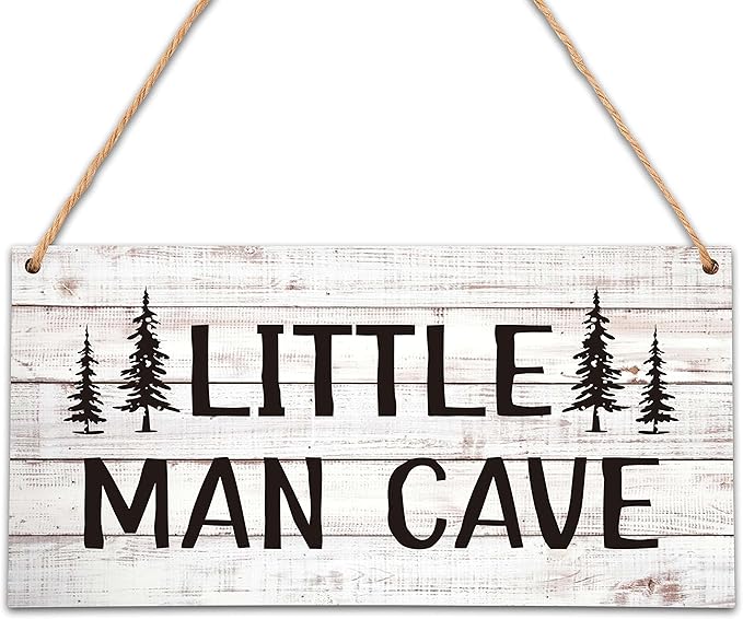 Qinkel 5"x10" Little Man Cave Wood Sign, Nursery Decor For Boys, Natural Baby Room Wall Decor, Woodland Playroom Decor, Gift for Baby Shower, Toddler Kids Bedroom Living Room Hanging Sign -A05