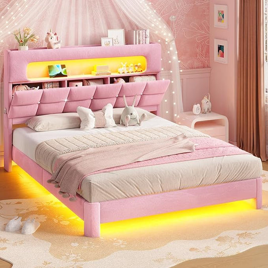 MSmask Full Upholstered LED Bed Frame with 2-Tier Storage Bookcase Headboard, Velvet Princess Bed with Crystal Button Tufted Headboard & Charging Station, Girls Platform Bed, Curved Legs, Pink