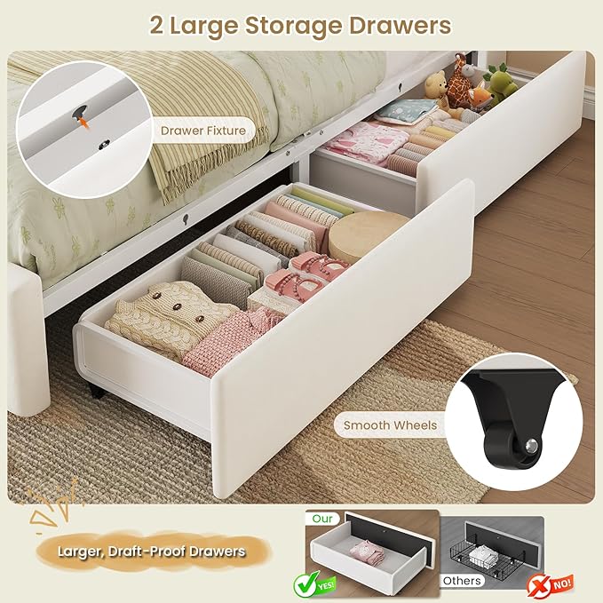 DICTAC Twin Size Bed Frame for Kids with Storage Drawers, Bookcase Headboard, LED Lights and Power Outlets, Diamond Tufted Velvet Upholstered Princess Platform Bed, Heavy-Duty Metal Support, Beige