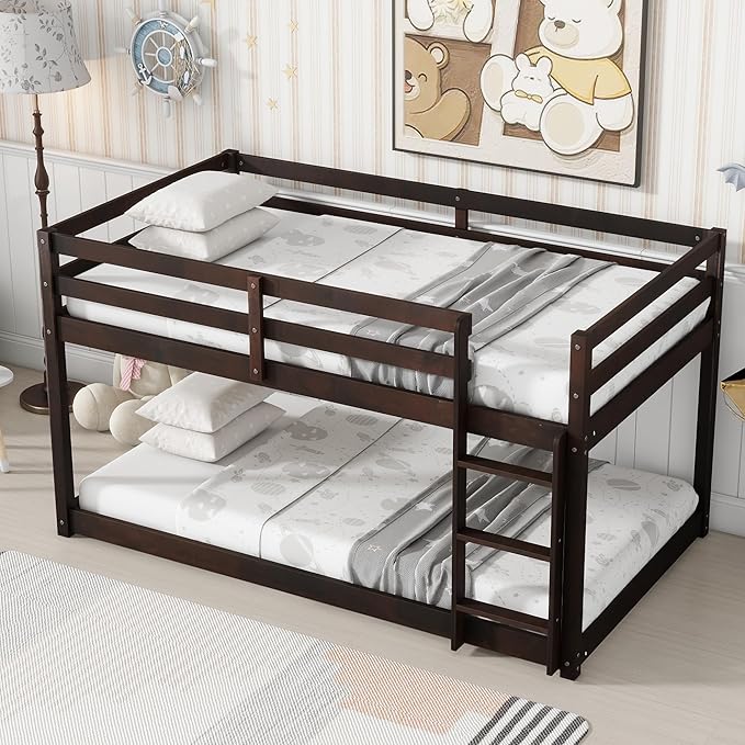Bunk Bed Twin Over Twin, Wood Low Profile Floor Twin Bunk Beds with Ladder Guardrails for Kids Boys and Girls, No Box Spring Needed