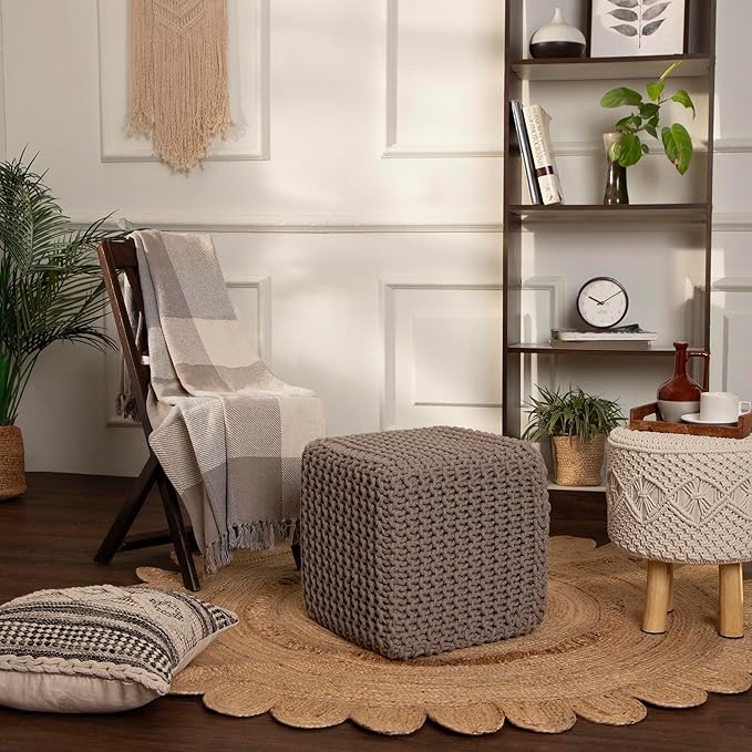 REDEARTH Cube Hand Knitted Pouf - Foot Stool Ottoman - Cord Boho Pouffe - Poof Accent Stuffed Table or Footrest for Living Room - Nursery - Bedroom - Patio - 100% Cotton (16" x 16" x 16") - Taupe