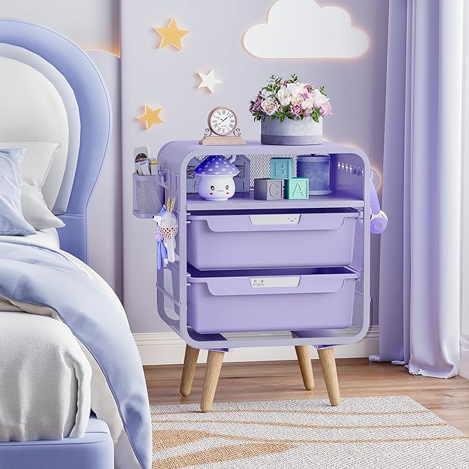 Kids Nightstand,Girls Bedside Table,Night Side Table,Kids Night Stand,End Tables Bedroom,Purple Cute Nightstand with Storage Drawer for Girls