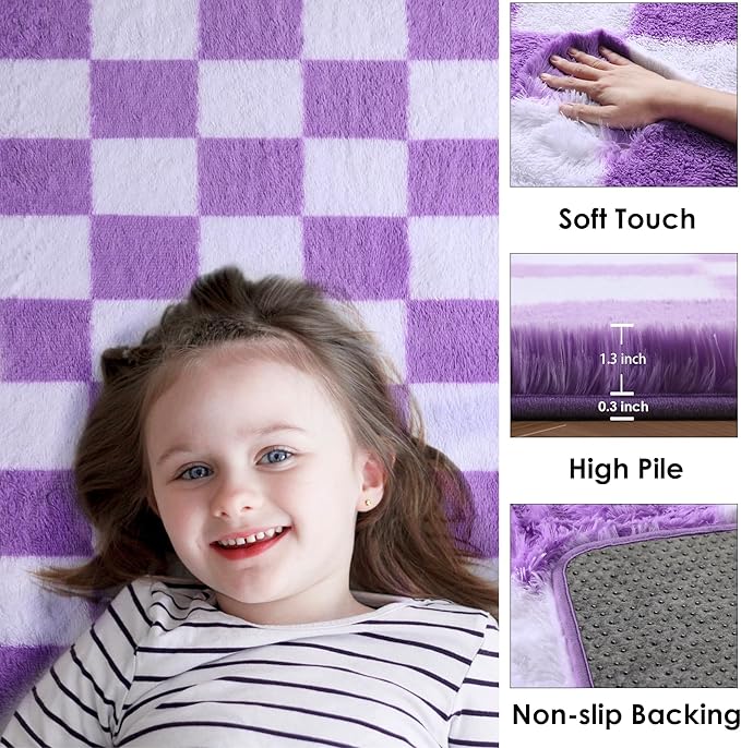 KICMOR Purple Rugs for Bedroom, Fluffy Soft Checkered 3x5 Area Rug Fuzzy Shag Shaggy Small Living Room Carpet, Indoor Plush Bedside Floor Rugs for Kids Girls Boys Dorm Nursery Home Decor Aesthetic
