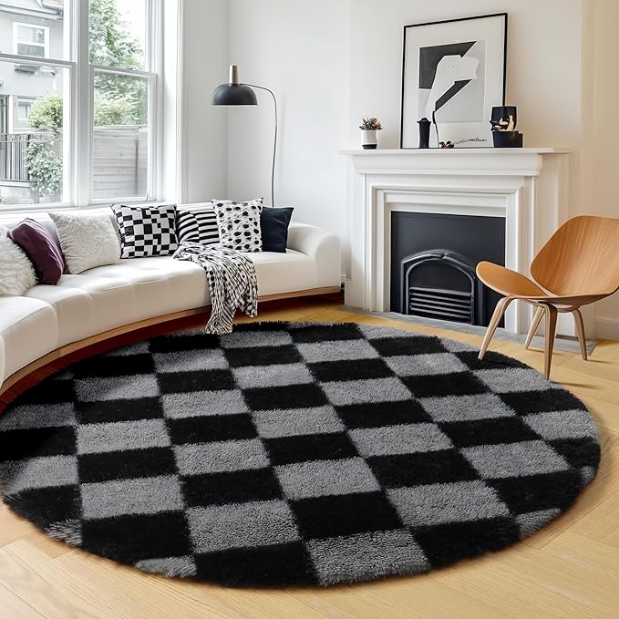 KICMOR Round Rugs 5ft Black and Grey Circle Area Rug, Fluffy Soft Fuzzy Shag Shaggy Bedroom Living Room Carpet, Indoor Checkered Circular Rug for Teen Kids Boys Girls Home Decor Aesthetic, Nursery