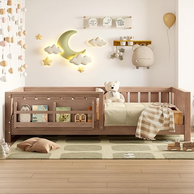 Bellemave Twin Floor Bed with Slats and Safety Guardrail, Twin Size Montessori Floor Bed with Fence and Built-in Bookshelf, Easy Assemble Montessori Beds for Kids, Girls, Boys, Natural