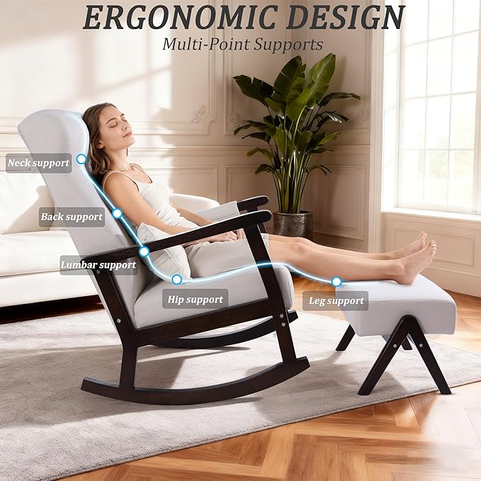 NOBLEMOOD Rocking Chair with Ottoman, Upholstered Nursing Glider Rocker with Side Pocket & Pillow, Comfy High Back Reading Chair with Solid Wood Legs for Nursery/Living Room/Bedroom