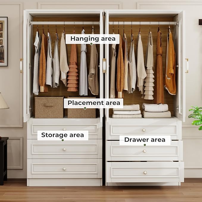 Solid Wood Wardrobe Closet:TemkTuek 70.87" Large Armoire,Clothing Storage Cabinet with Drawers,Doors,Hanging Railsand Shelves,Vintage Freestanding,Bedroom,White(19-19)