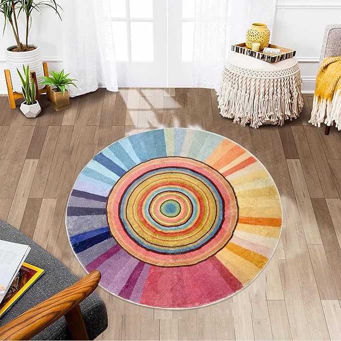 Kids Rug Circle Sun Rug for Girls Bedroom Round Rainbow Nursery Mat 2.6Ft Chic Bedside Carpet for Children Cartoon Crawling Mat for Playroom Indoor Home Decor