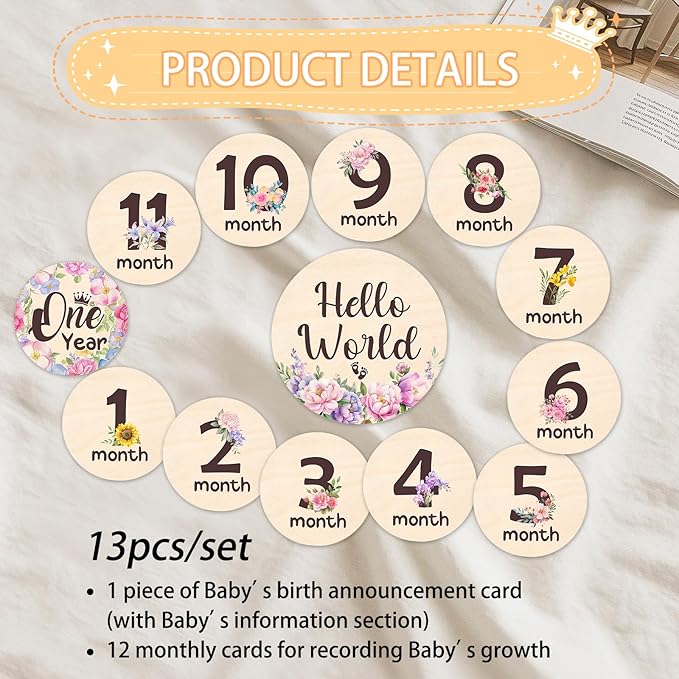 Baby Monthly Milestone Cards - 13pcs Wooden Double Sided Flower Monthly Milestone Signs, Birth Announcement Sign for Photo Props, 1-12 Months Newborn Milestones Cards, Baby Shower Party Gifts Marker