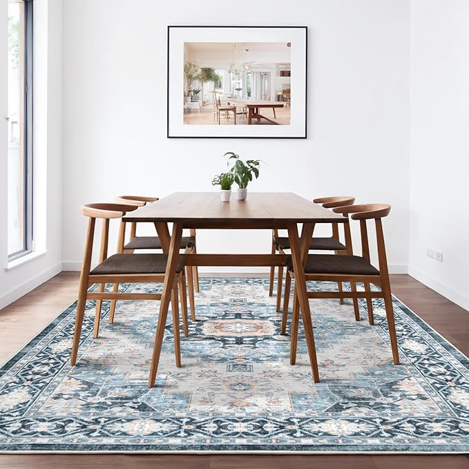 Washable 8×10 Area Rug for Living Room, Vintage Floral Rug Soft Non Slip Stain Resistant Boho Carpet for Indoor Bedroom Dinning Room Home Office Blue/Ivory