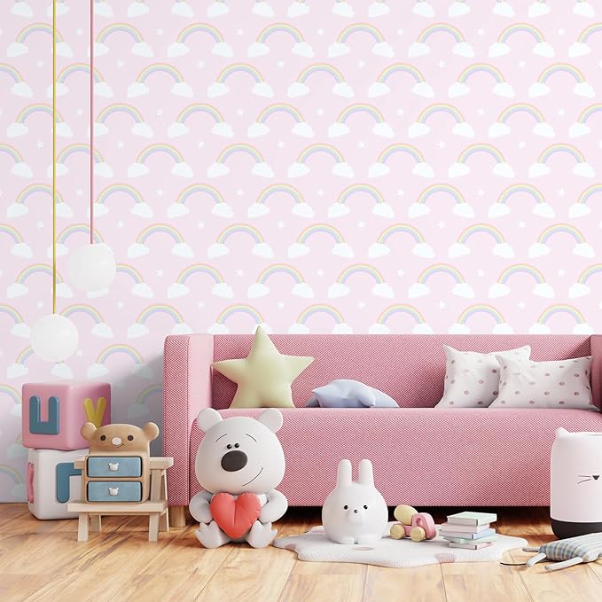 CHIHUT Cute Whimsical Rainbow Clouds Wallpaper Soft Pink Colorful Rainbows Clouds Stars Wallpaper for Kids Room Peel and Stick Wall Paper Self Adhesive Removable Contact Paper for Cabinets 17.7”x236”