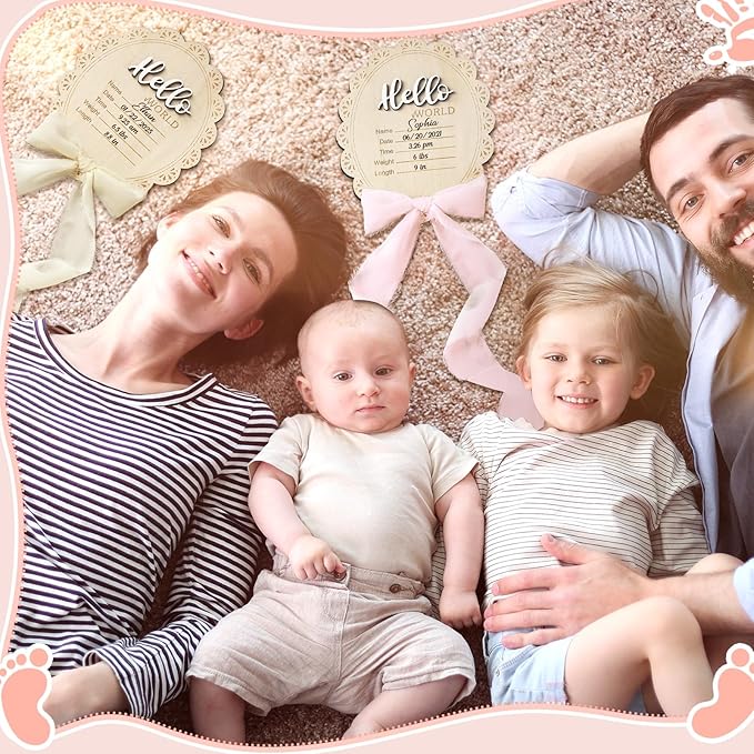 Baby Announcement Sign 7 Inch Double Sided Wooden Hello World Newborn Engraved Sign with Organza Bag Marker Pen Ink Pad Ribbon Bow for Baby Shower Hand Footprints Photo Prop (Pink Bow)