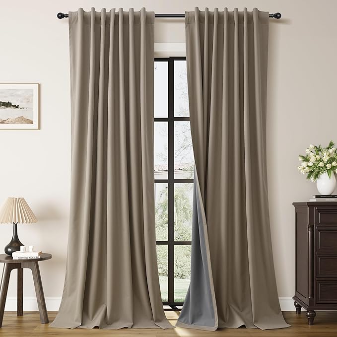 Guken Light Camel Linen Black Out Curtains for Living Room 84 Inch Length 2 Panels Set Retro Farmhouse 100% Blackout Privacy Back Tab Hook Belt Textured Light Tan Bedroom Backdrop 52x84 7Ft