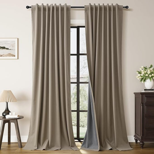 Guken Light Camel Linen Black Out Curtains for Bedroom 102 Inch Length 2 Panels Textured Nature 100% Blackout Thermal Insulated Soundproof Patio Curtains for Sliding Door Light Tan 52x102 10Ft